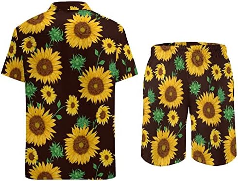 Мъжки плажни дрехи WEEDKEYCAT със Слънчогледи на черен фон, Хавайска Риза с копчета от 2 теми, Комплекти с Къс ръкав и Къси панталонки