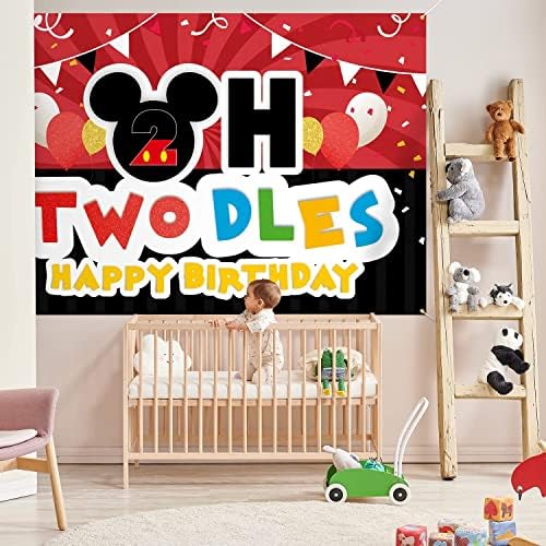 Oh Twodles Фон на Знамето Червен и Черен Карикатура Happy 2nd Birthday Тематични Украси за партита Поздрав за Две-годишна