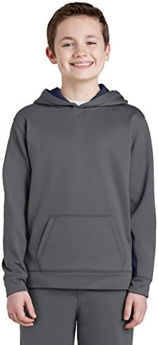 Пуловер с качулка отвътре за момчета Sport-Tek с цветни блокчета - Черно/ True Royal YST235 L