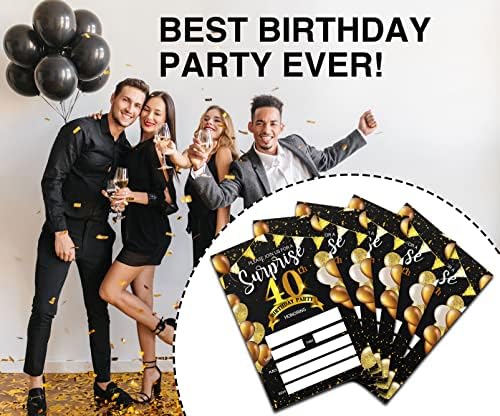 Покани за парти по случай 40-годишнината си с изненада в пликове (20 пакети) | Черно-Златни Покани Картички с размер