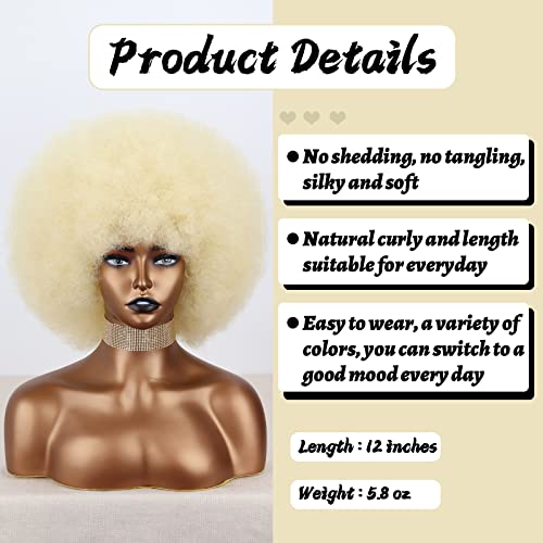 Xinran Светли афро-перуки 70-те години за черни жени, бежово руса къдрава афро-перуки естествен вид, по-големи еластични