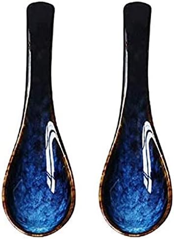 Купа 2 бр. Синя Керамична Суповая лъжица в японски стил, Суповая лъжица с къса дръжка в ретро стил за приготвяне
