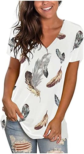 Горната Риза за дамска Лятна Есента Дрехи, Модни Памучен Тениска с Къс Ръкав и V-образно Деколте, Графична Ежедневни