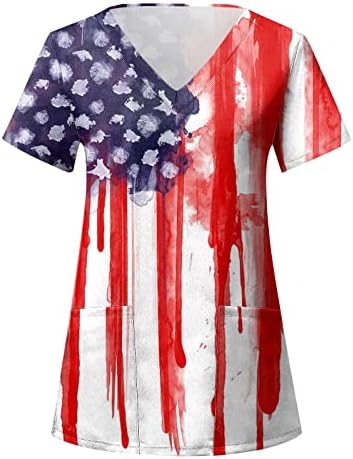 На 4 юли, Женска Тениска с Американския Флаг, Летни Тениски с V-Образно деколте и Къс Ръкав, 2 Джоба, Забавна Празнична