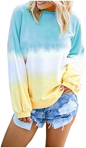 Жена Случайни Топ с кръгло деколте и Дълъг Ръкав Контрастен Пуловер с Цветни Блокчета, Тениска, Блуза-Оцветител,