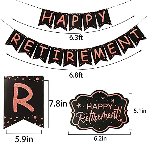 Украса за парти в чест на Пенсиониране за Жените, Черен Банер с Надпис Happy Retirement от Розово Злато и Swirls