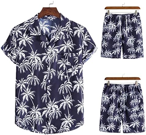 Летен Плажен Комплект за Мъже, Хавайски Ризи с Къс ръкав и Тропически Принтом, къси Панталони, Потници с Ревери,