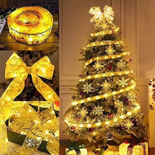 Страхотна лампа RIKSOIN Коледа Ribbon - 33 фута (2 * 16,5 метра), 100 led ленти и 12 бр. Блестящи златни Снежинки,