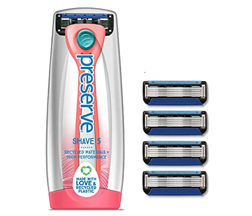 Множество бръснач Preserve Shave 5 с пет остриета, изработени от рециклирани материали, коралово-розов цвят и касети