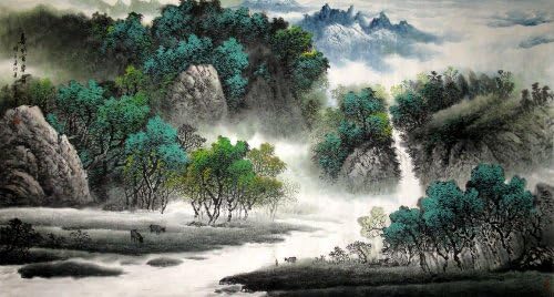 Artisoo Планините, водата, дърветата - Китайска Живопис - Ръчно рисувани