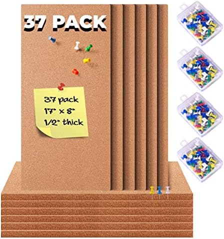 GARDYUE 37 Опаковки Корк дъска за съобщения с Дебелина 17 x 8 - 1/2, Самозалепващи без рамки Корк Плочки за декора