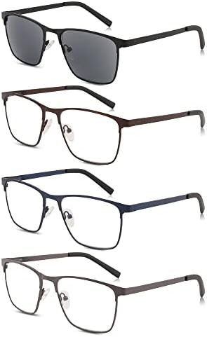 BAIWANER 4 Опаковки Очила за четене, Блокиране на Синята Светлина, за Жени, Мъже, Правоъгълни Очила в Метални Рамки,