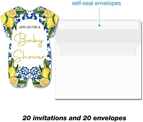 Покана за участие в Лимонов детски душ с конвертами Комплект от 20 Италиански покани под формата на Лимон-сини плочки за детската душа във формата на партита Попълн?
