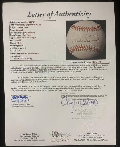 НАЧАЛОТО на Сингъл на Дерек Джетера Ню Йорк Янкис с официален Автограф Ела Будига в бейзбола JSA - Бейзболни топки