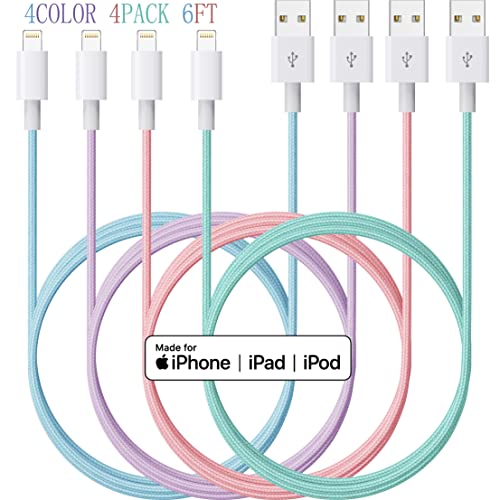 Кабел Lightning 4 цвята, [4 опаковки по 6 метра], Кабел за зарядно на iPhone в найлонов оплетке, Сертифициран от