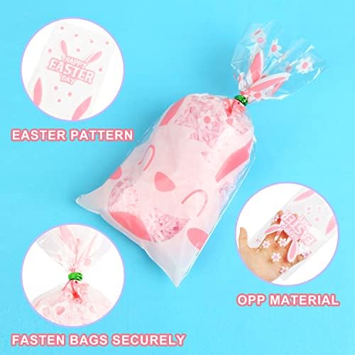 ЛОМИМОС Великденски Найлонови Пакети за Предложения, Торбички за Опаковане на Бисквити с Кроличьими Бонбони и Туист-завязками,
