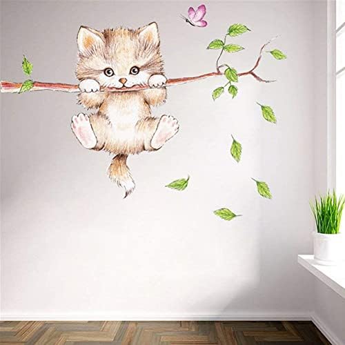 Cartoony Сладък Котка На Клоните На Дърво Стикери За Стена, Подвижни, Коте Стикери за Стена Декор Стикер за Момичета,