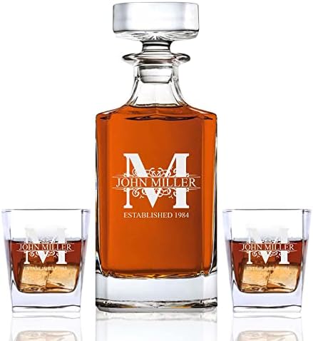Персонализиран Набор от Графинов за уиски от 3 теми - Подаръчен комплект от гарафа и 2 Чаши - С Потребителски надпис