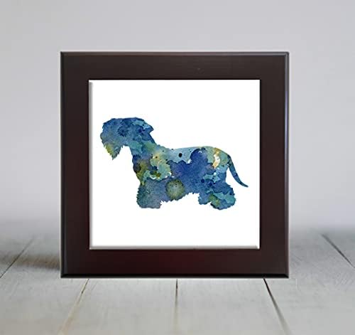 Синя абстрактна декоративни плочки за кучета порода чешки териер, акварел (6 X 6 в рамка)
